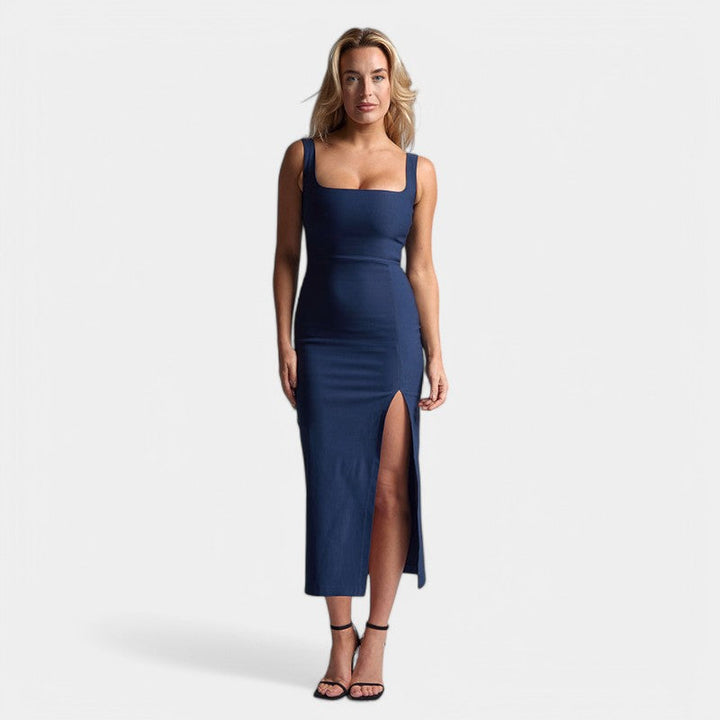 Women's midi dress denim look with slit and elegant cut