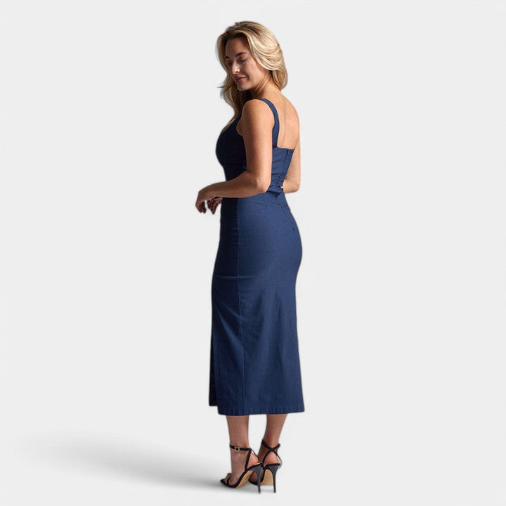 Women's midi dress denim look with slit and elegant cut