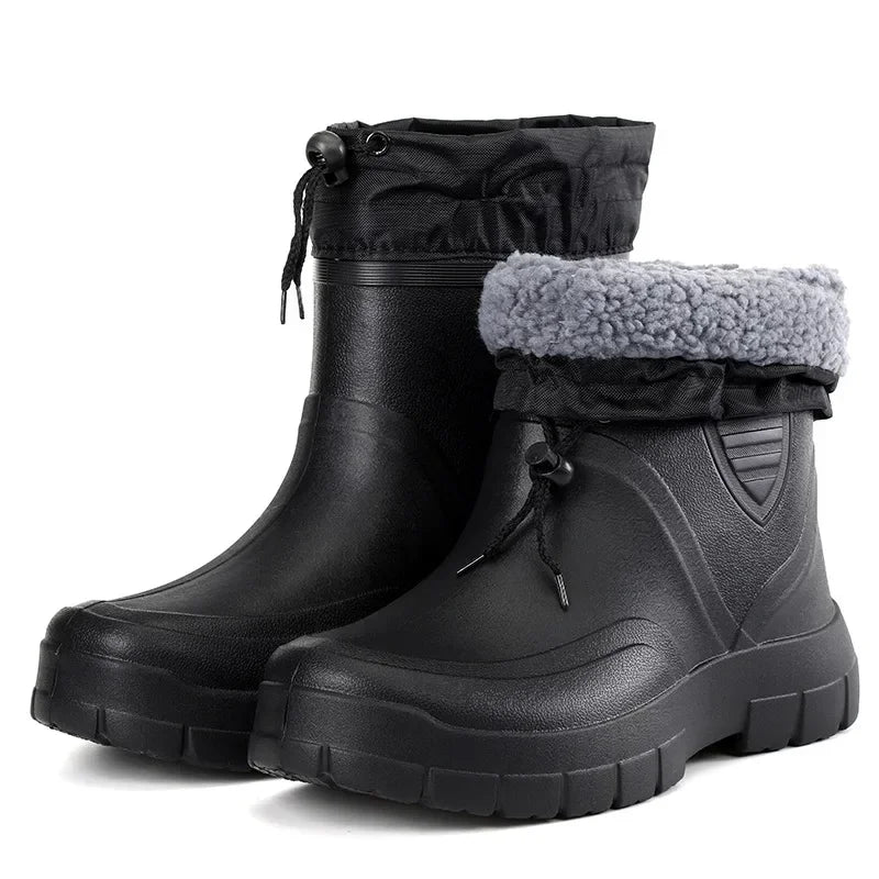 Unisex insulated rubber boots with non-slip sole and drawstring