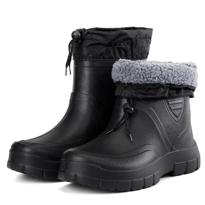 Unisex insulated rubber boots with non-slip sole and drawstring