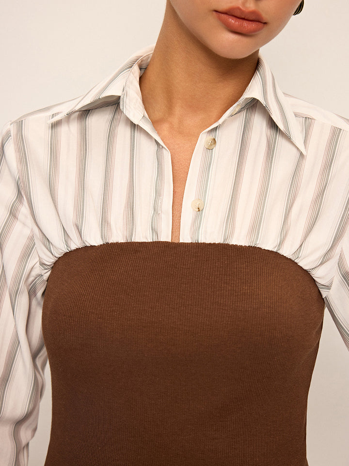 Women's Shirt Long Sleeve Striped Contrast Rib Knit Cotton