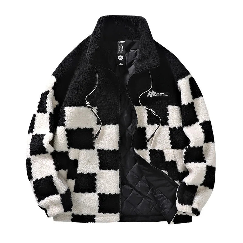 Men's Jacket Fleece Checkerboard Pattern Trendy Design