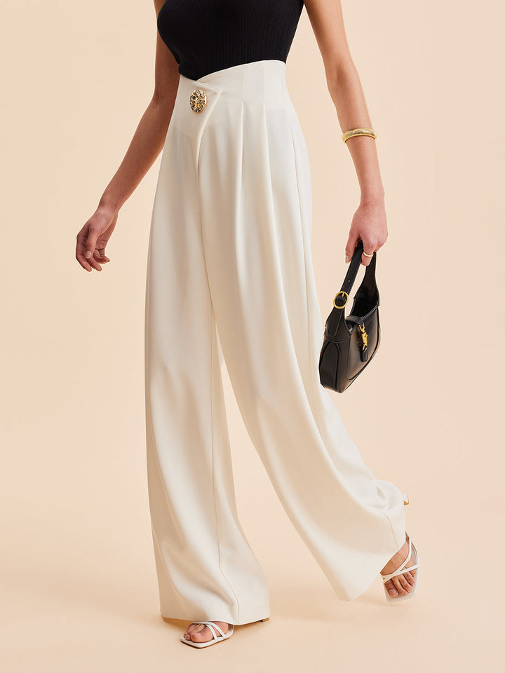 High-waisted fabric pants women wide-leg elegant