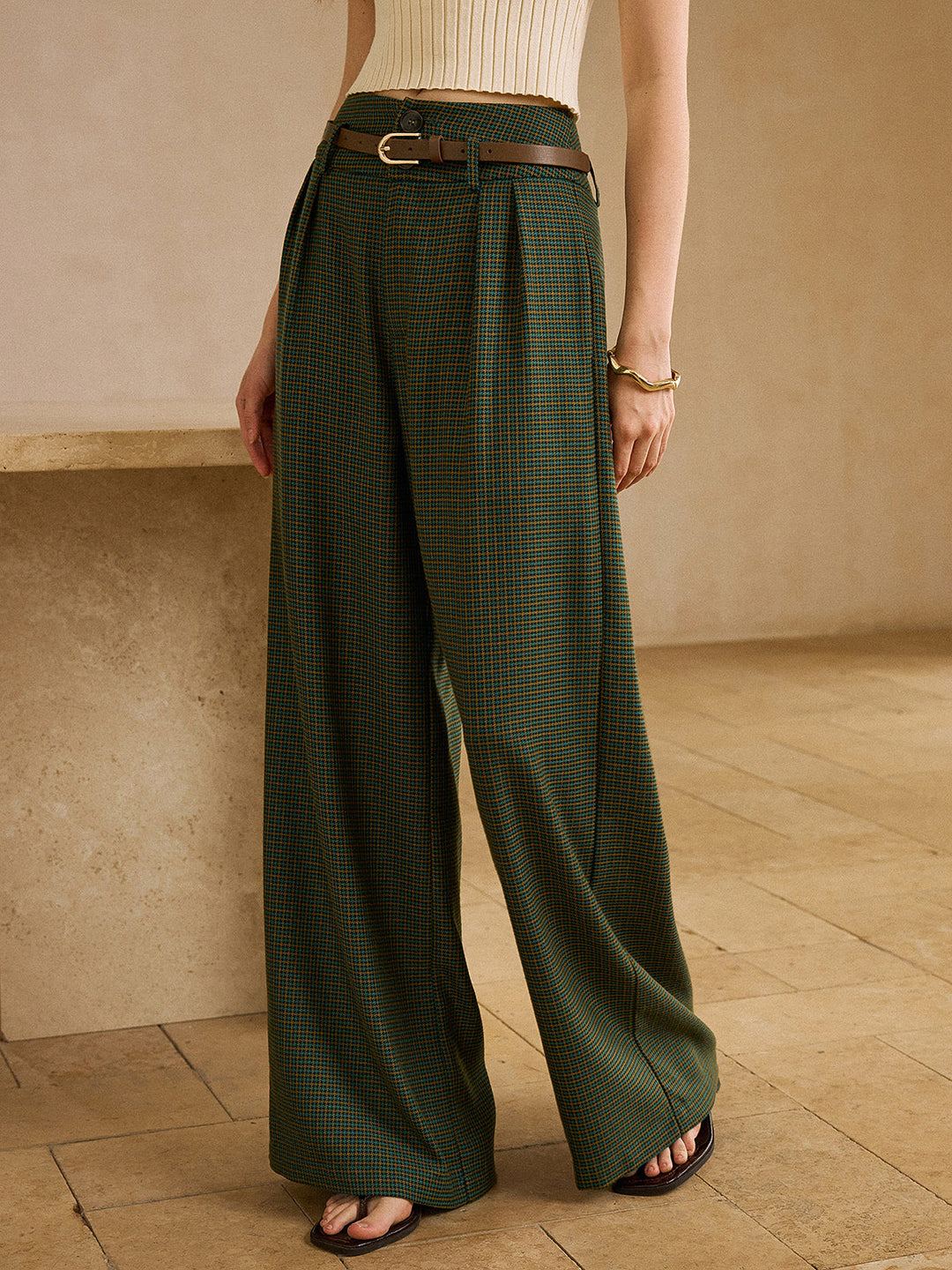 High-waisted Plaid Pants with Belt for Women