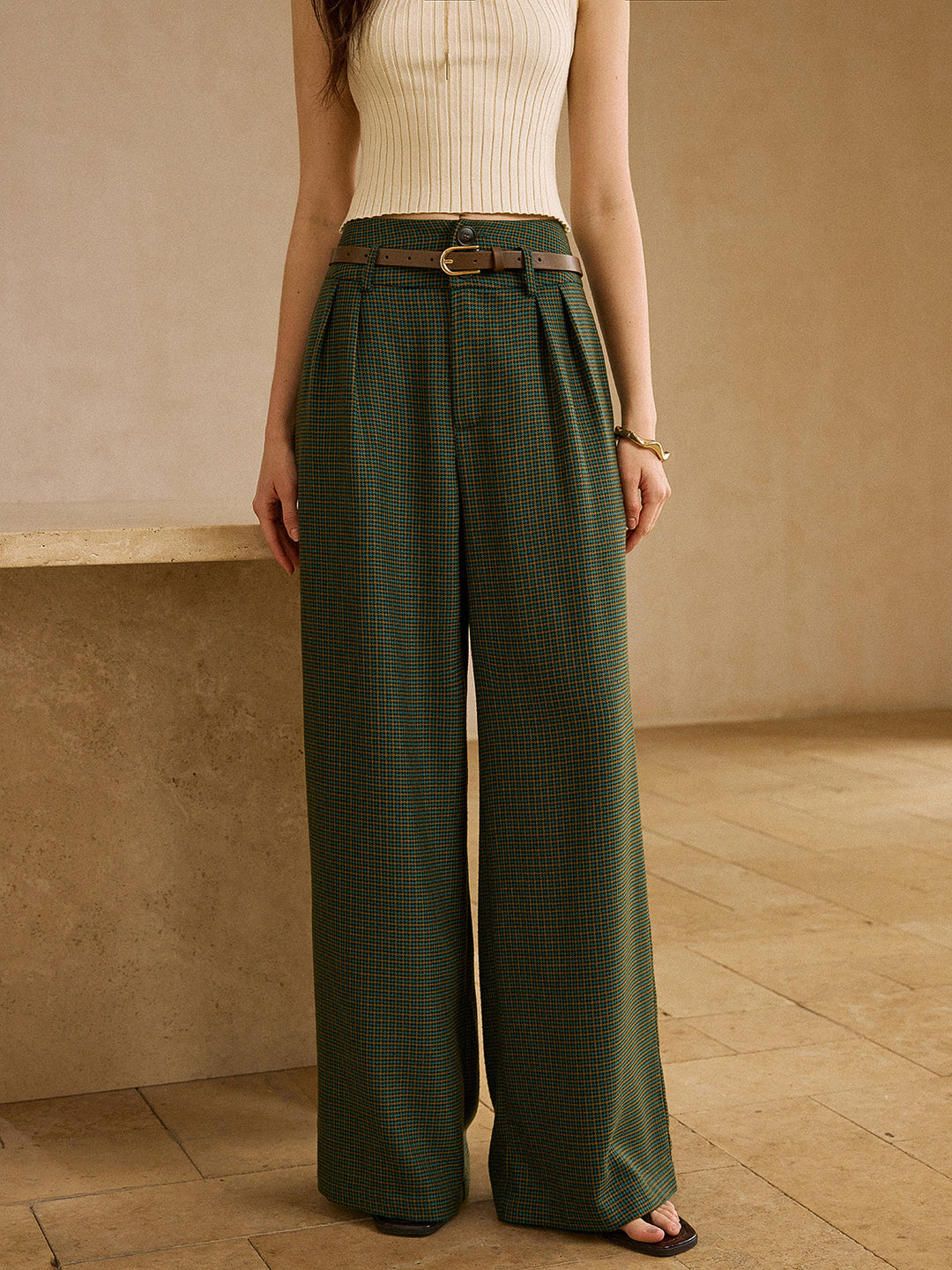 High-waisted Plaid Pants with Belt for Women
