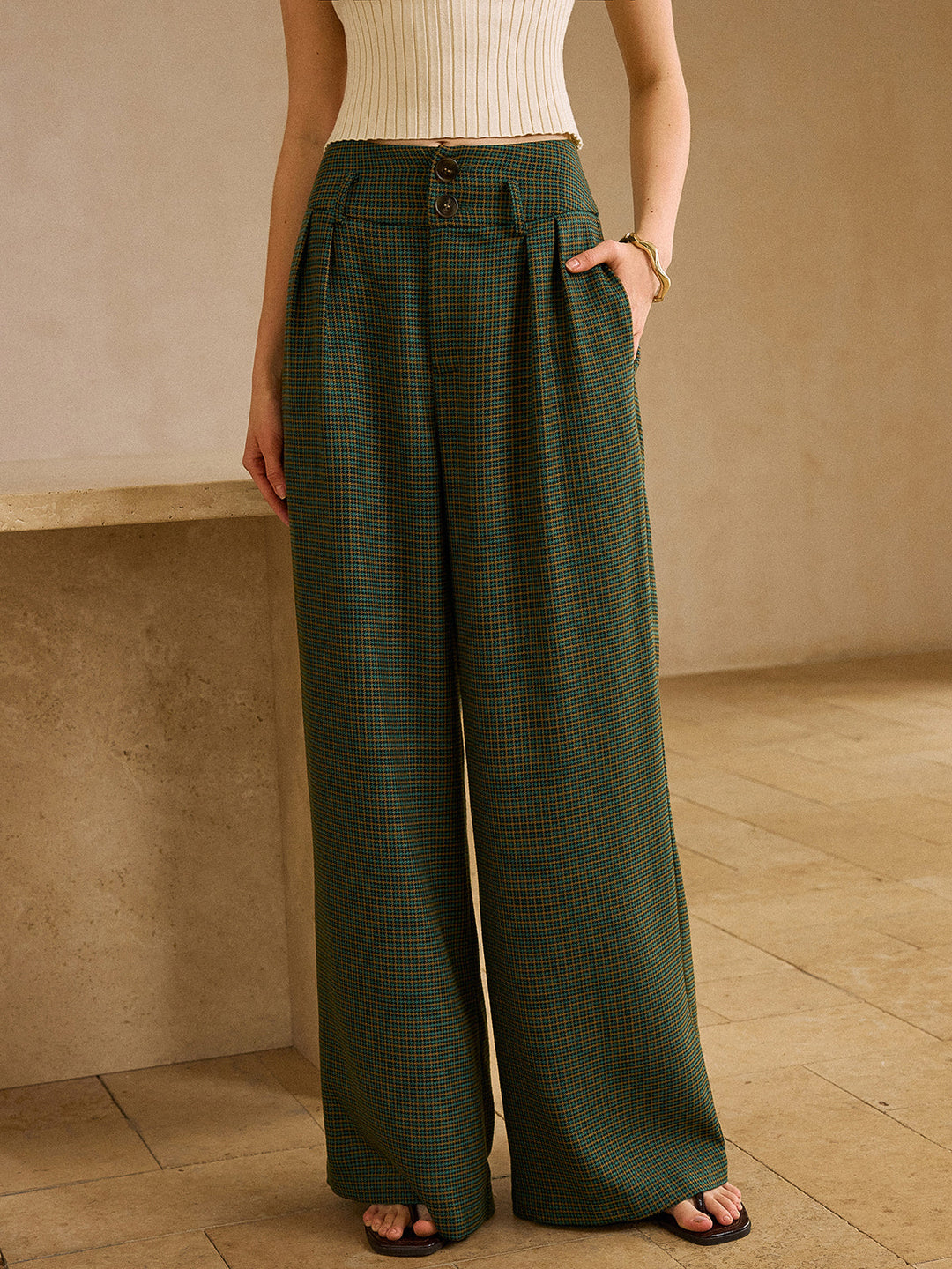 High-waisted Plaid Pants with Belt for Women
