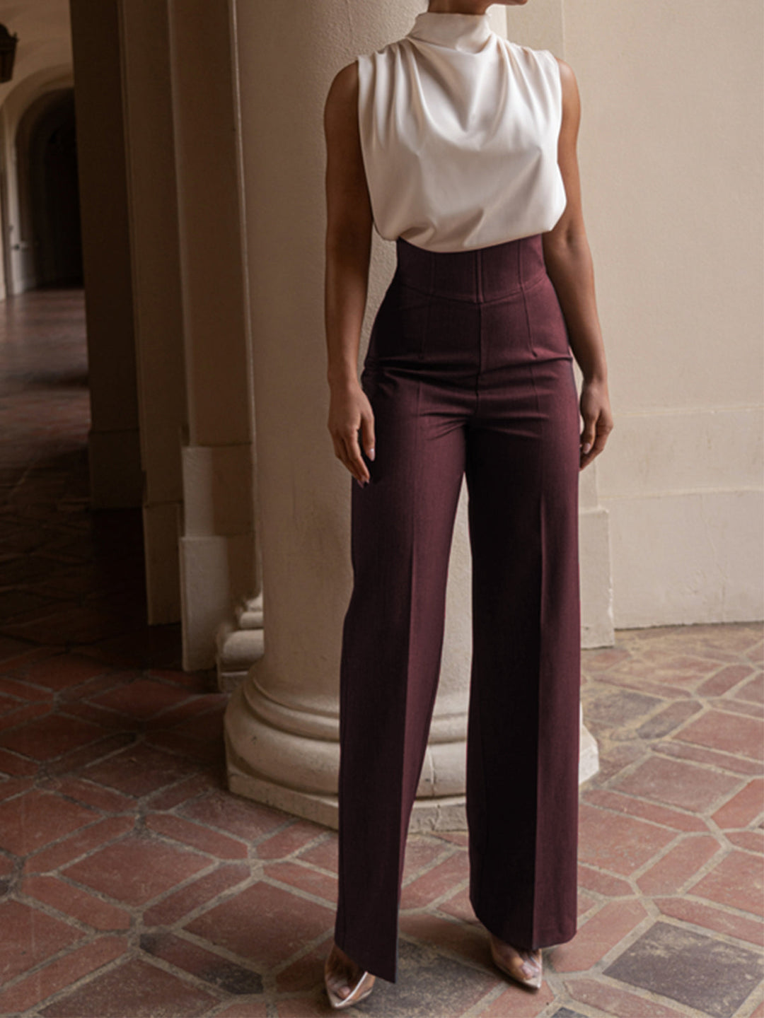 High-waisted fabric pants women straight leg fit for office and leisure