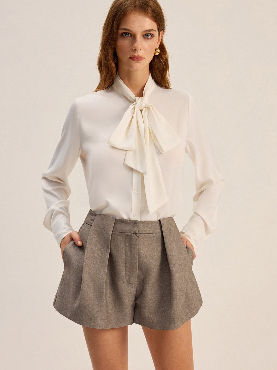 Long-sleeve shirt with satin bow tie