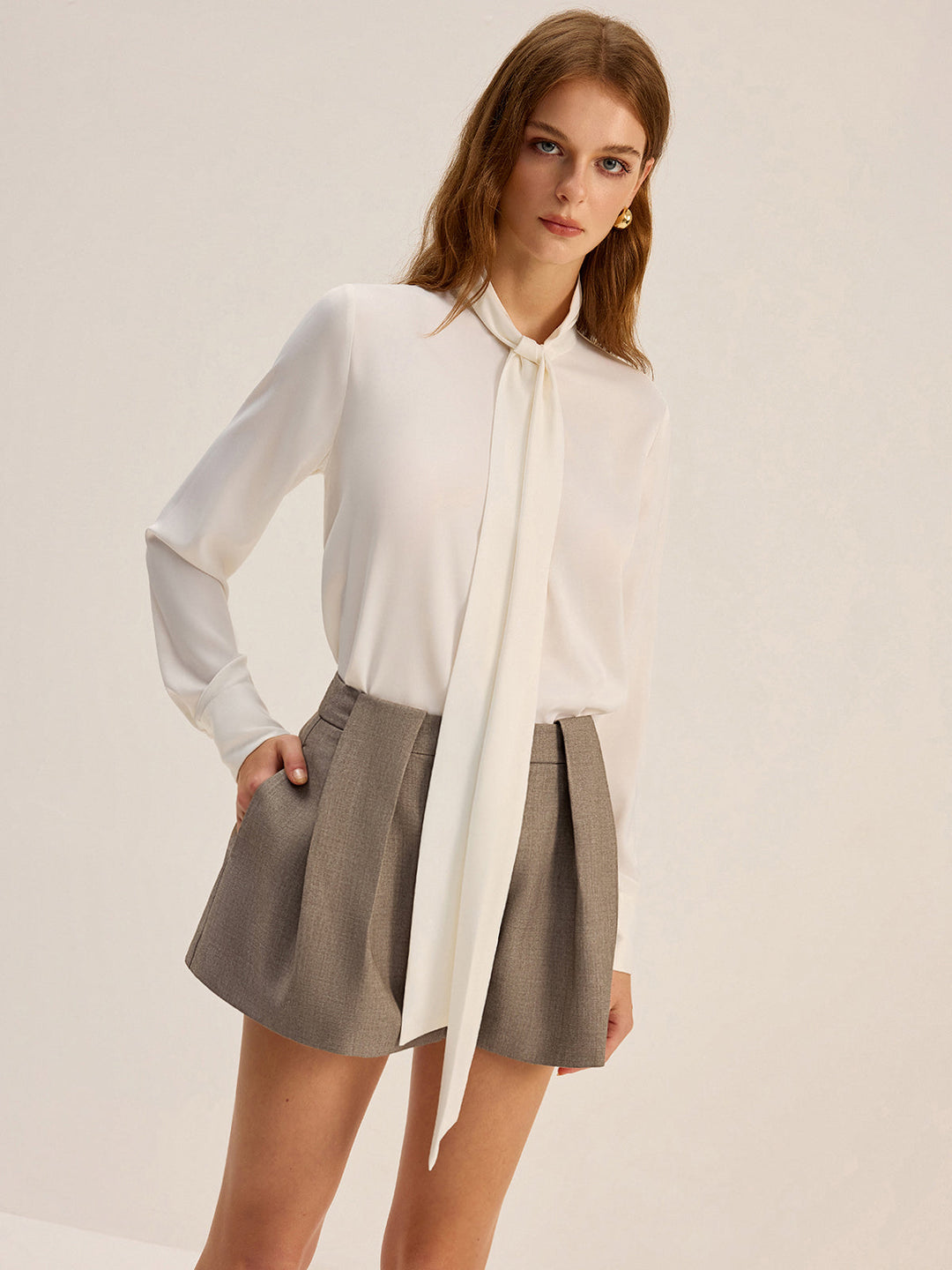 Long-sleeve shirt with satin bow tie