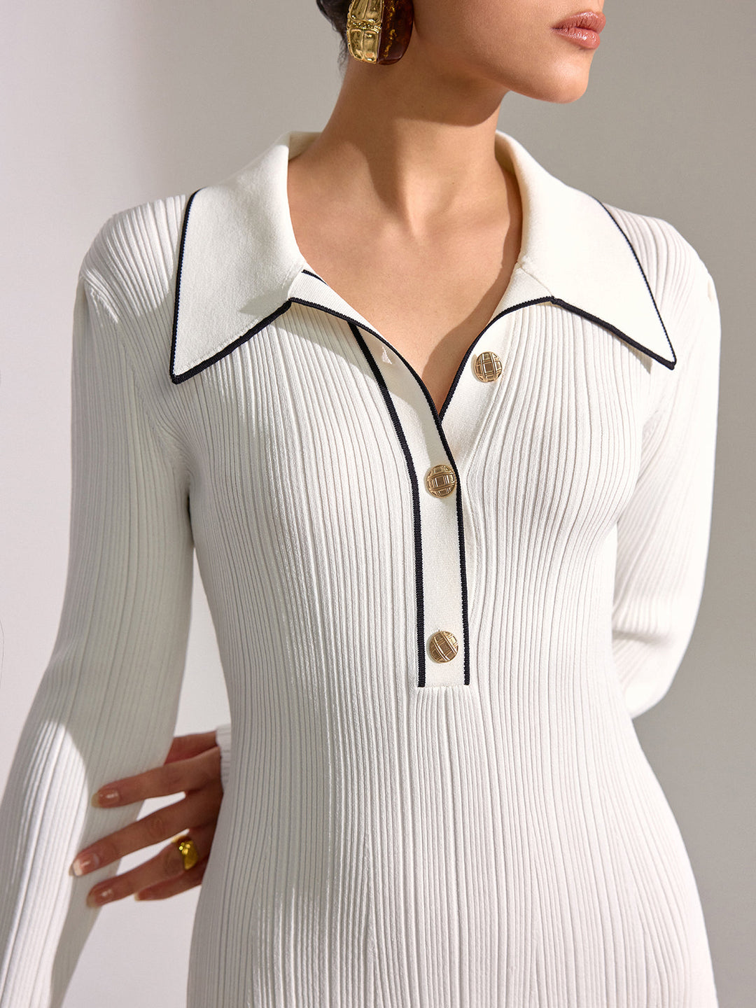 Women's Knit Mini Dress – Long Sleeve, Contrast Design, Short & Elegant