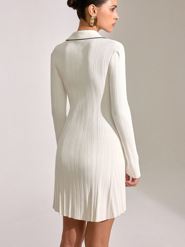 Women's Knit Mini Dress – Long Sleeve, Contrast Design, Short & Elegant