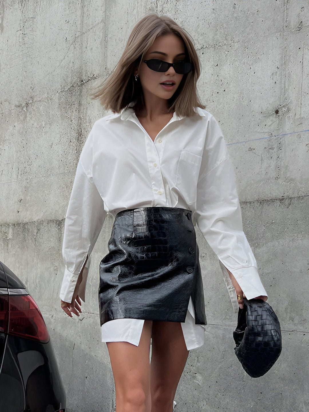 Casual shirt and faux leather mini skirt set for stylish outfits