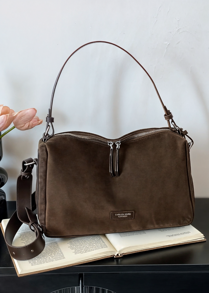 Vegan Suede Crossbody Bag Women – Compact Bucket Bag with Zipper