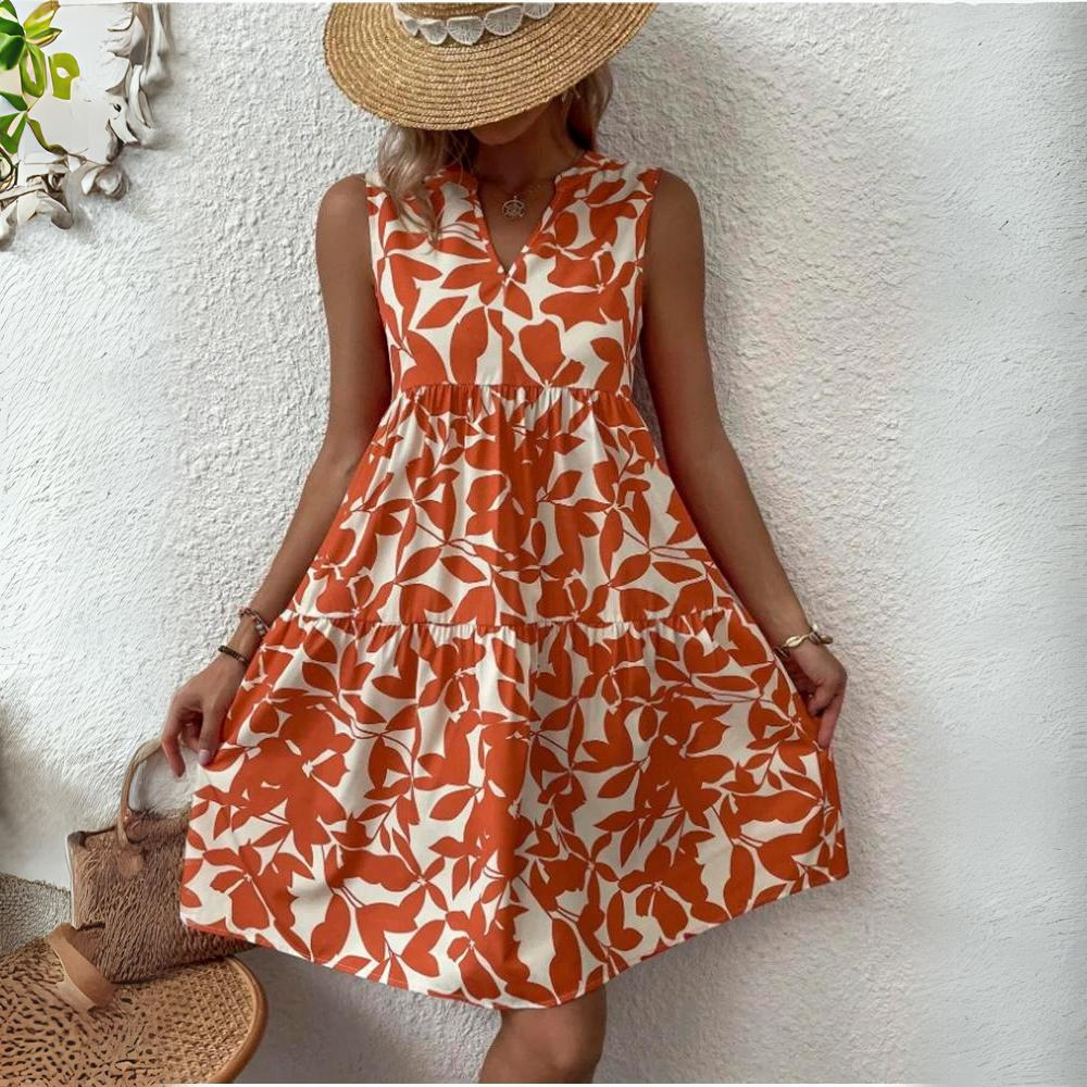 Women's dress cotton floral pattern summer dress with V-neck and short sleeves