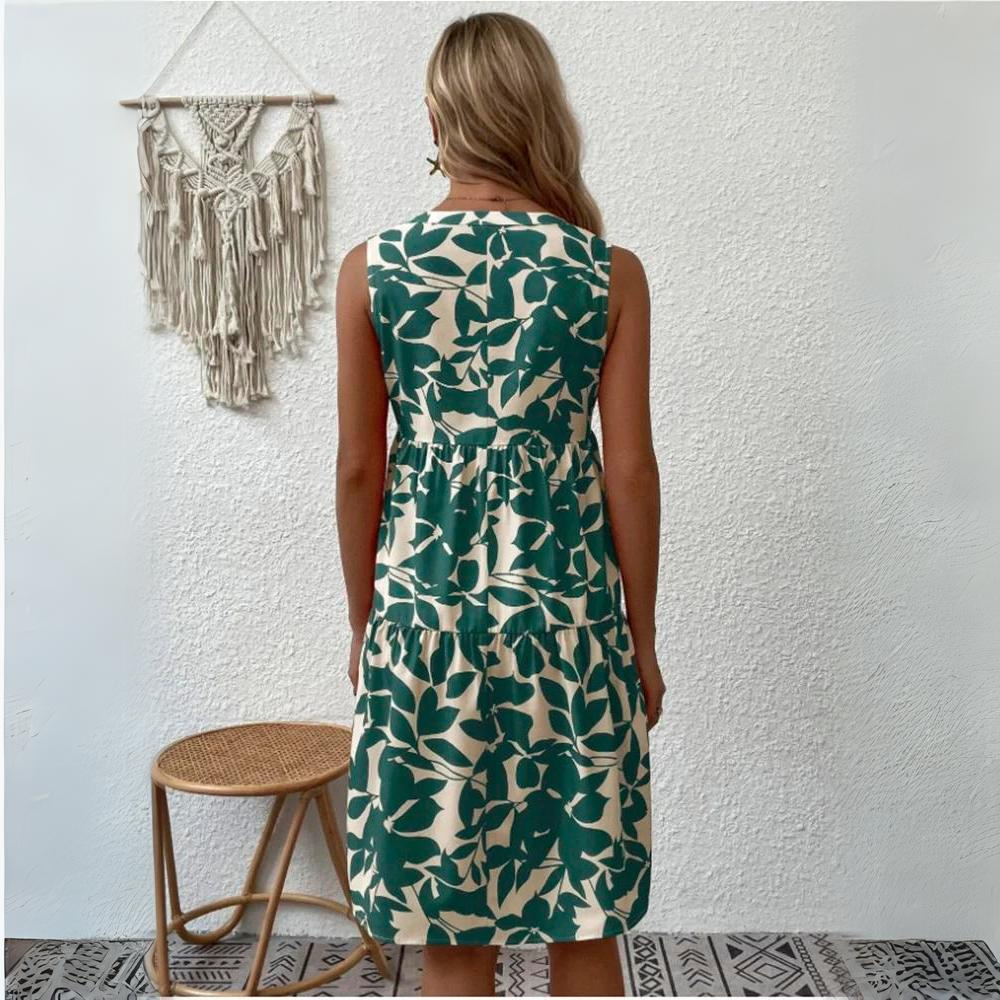 Women's dress cotton floral pattern summer dress with V-neck and short sleeves