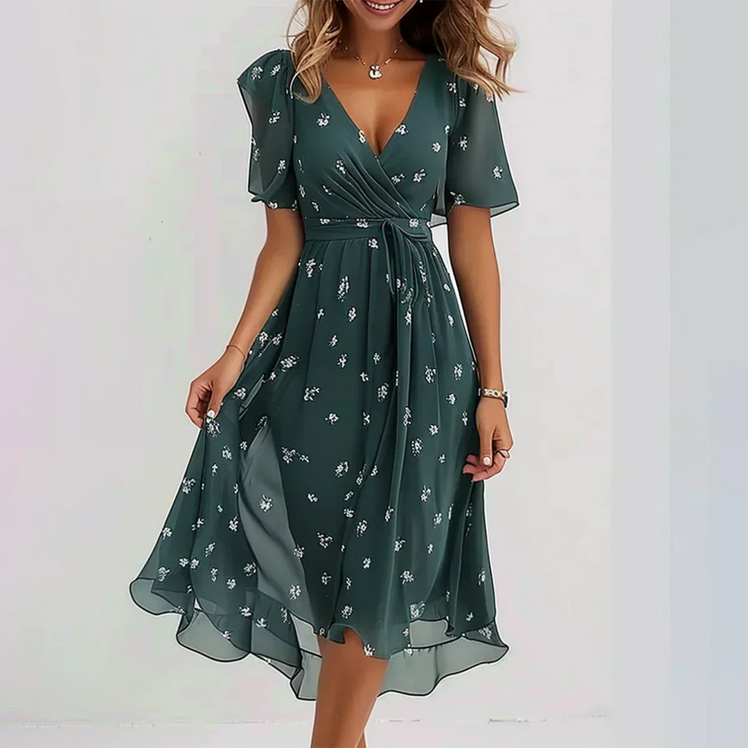 Women's midi dress viscose with V-neck and floral pattern – elegant summer style