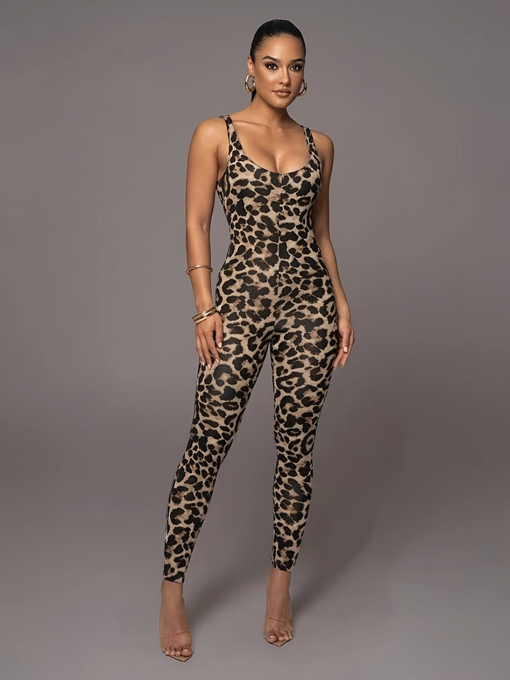 Ankle-length women's jumpsuit with sleeveless animal print