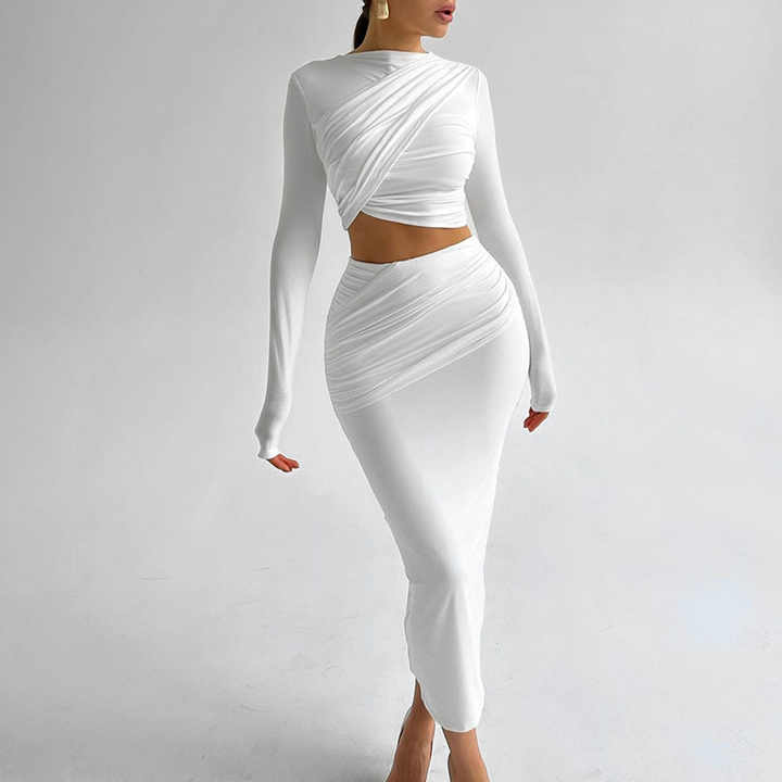 Women's Two-Piece – Ribbed Stretch Material – Long Sleeve & Wrap Crop Top