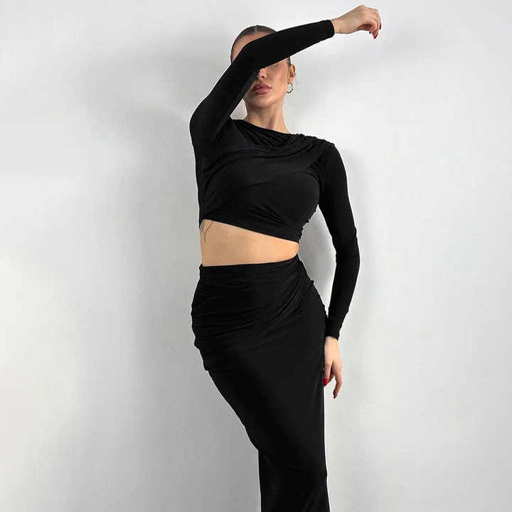 Women's Two-Piece – Ribbed Stretch Material – Long Sleeve & Wrap Crop Top