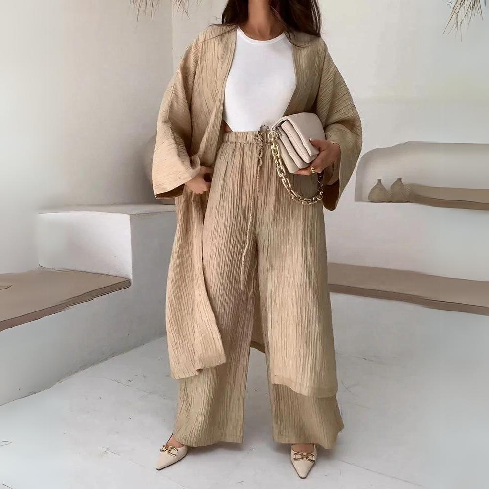 Women's Two-Piece – Elegant Shirt Blouse with Lapel & Wide Pants