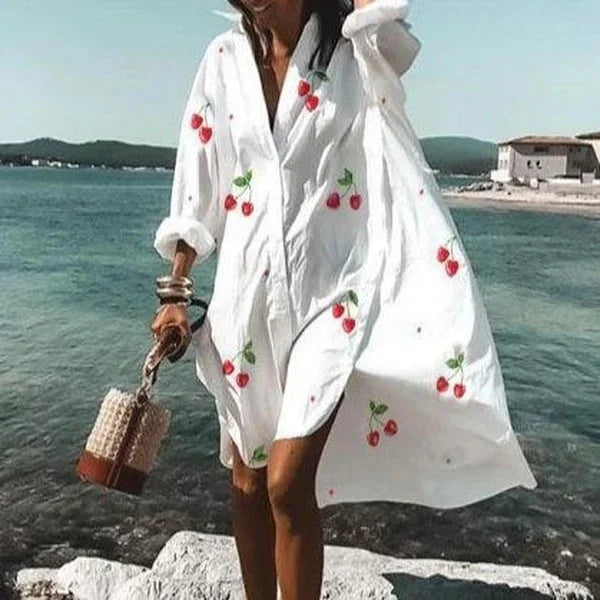 Women's cotton shirt dress with buttons and waist tie – summer look