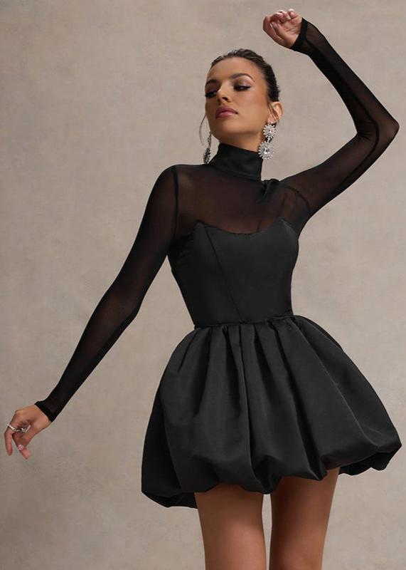 Women's mini dress made of satin with puff skirt and V-neckline