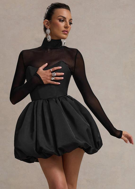 Women's mini dress made of satin with puff skirt and V-neckline