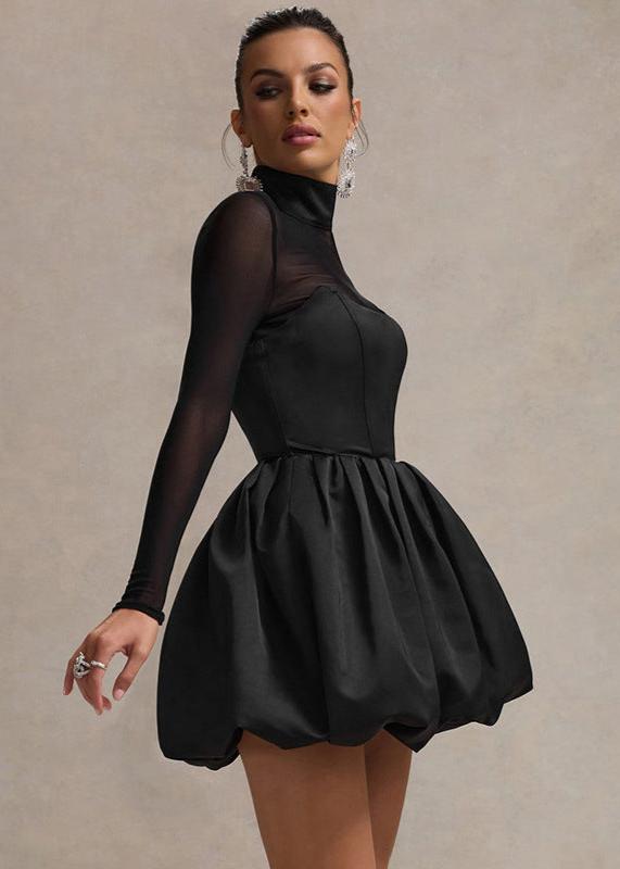 Women's mini dress made of satin with puff skirt and V-neckline