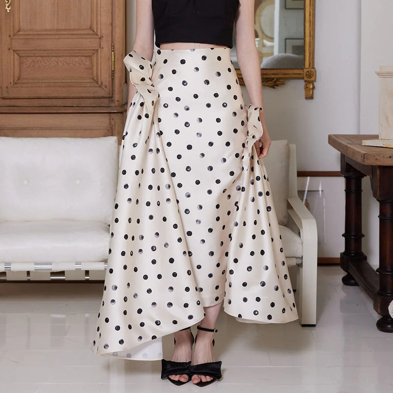 Elegant Polka-Dot Maxi Skirt – A-Line & High Waist | Vegan Satin