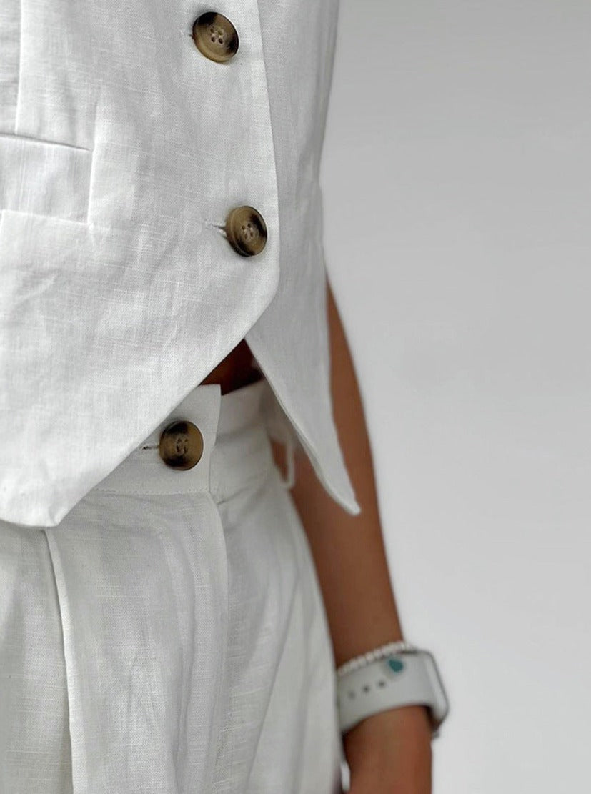 Women's Linen Two-Piece – Blouse with Buttons & Shorts in Relaxed Fit