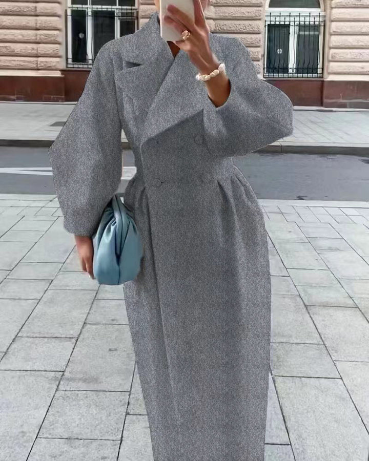 Elegant long women's trench coat – lapel collar & lantern sleeves – modern
