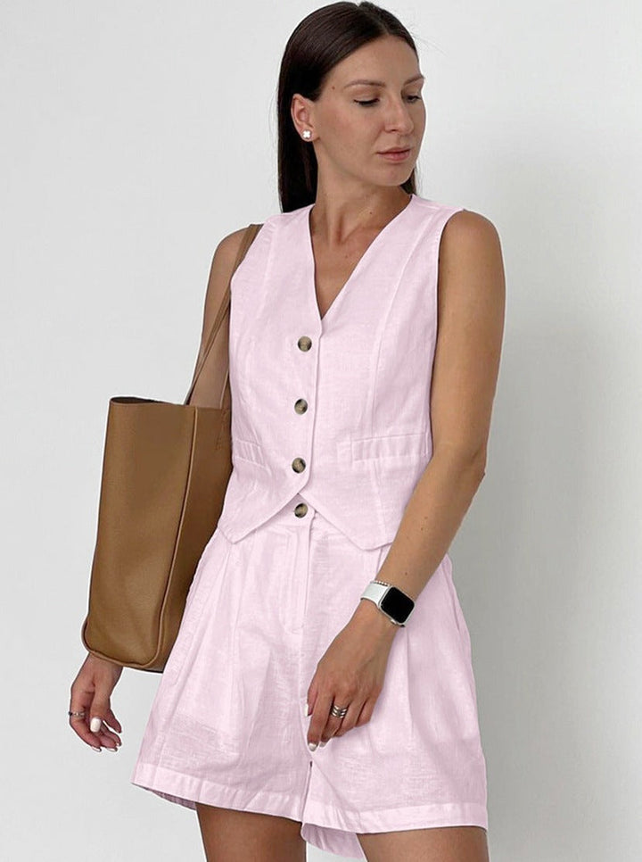 Women's Linen Two-Piece – Blouse with Buttons & Shorts in Relaxed Fit