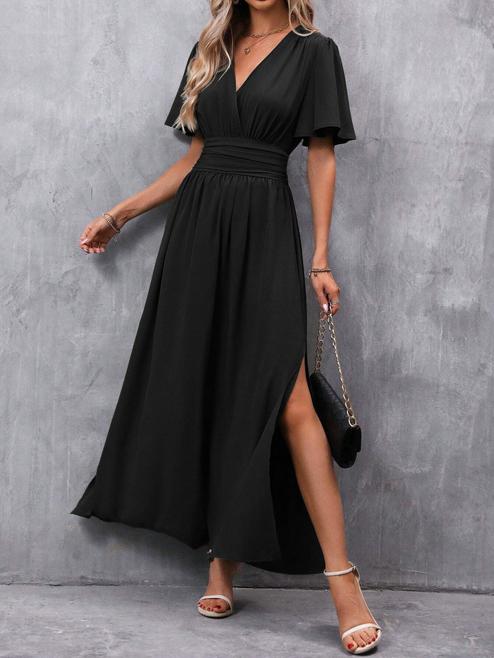 Black Maxi Dress for Women – V-Neck, Slit & Flutter Sleeves
