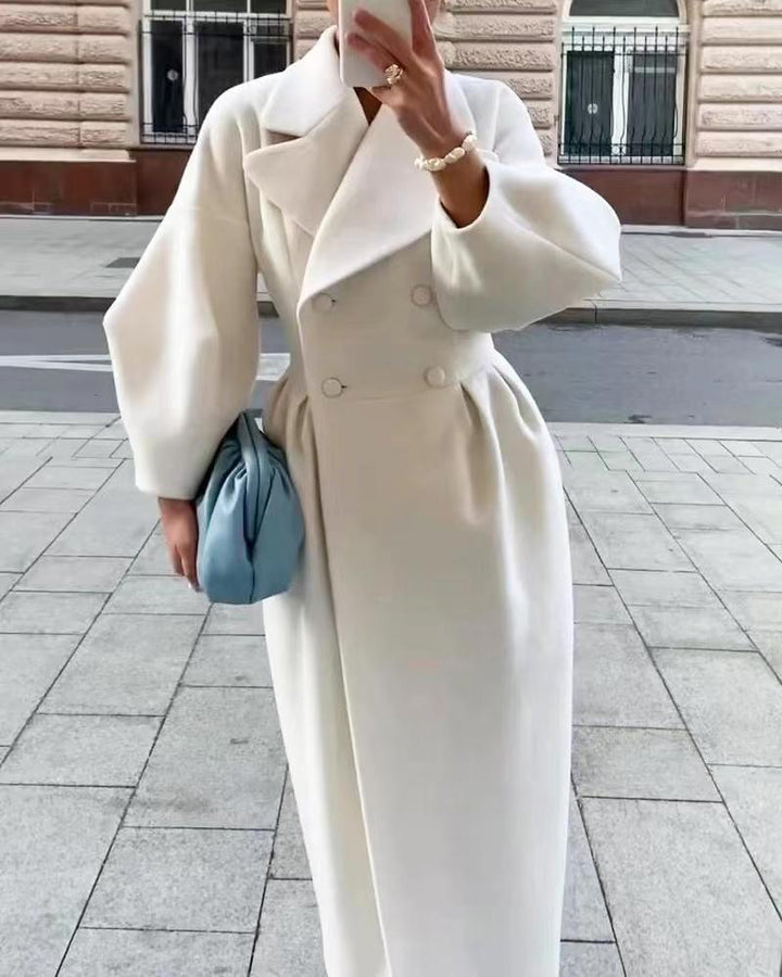 Elegant long women's trench coat – lapel collar & lantern sleeves – modern