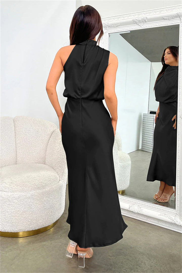 Women's Satin Midi Dress Halterneck Backless Elegant for Party or Evening Occasion