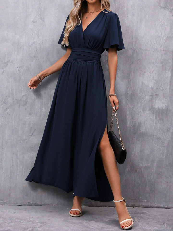 Black Maxi Dress for Women – V-Neck, Slit & Flutter Sleeves