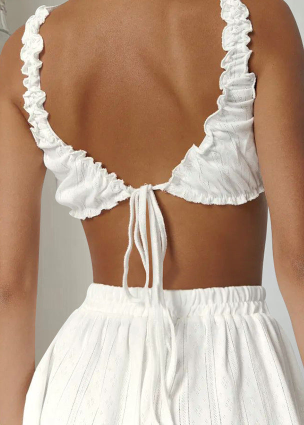 Lounge set made of cotton blend with ruffles for women – top and skirt – relaxed fit