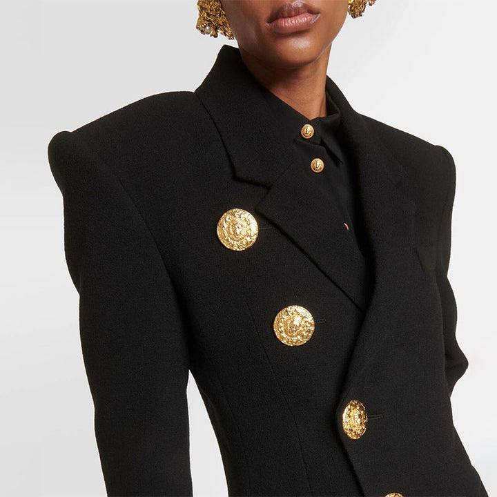 Oversized women's blazer with golden buttons – shoulder-accentuated bouclé look