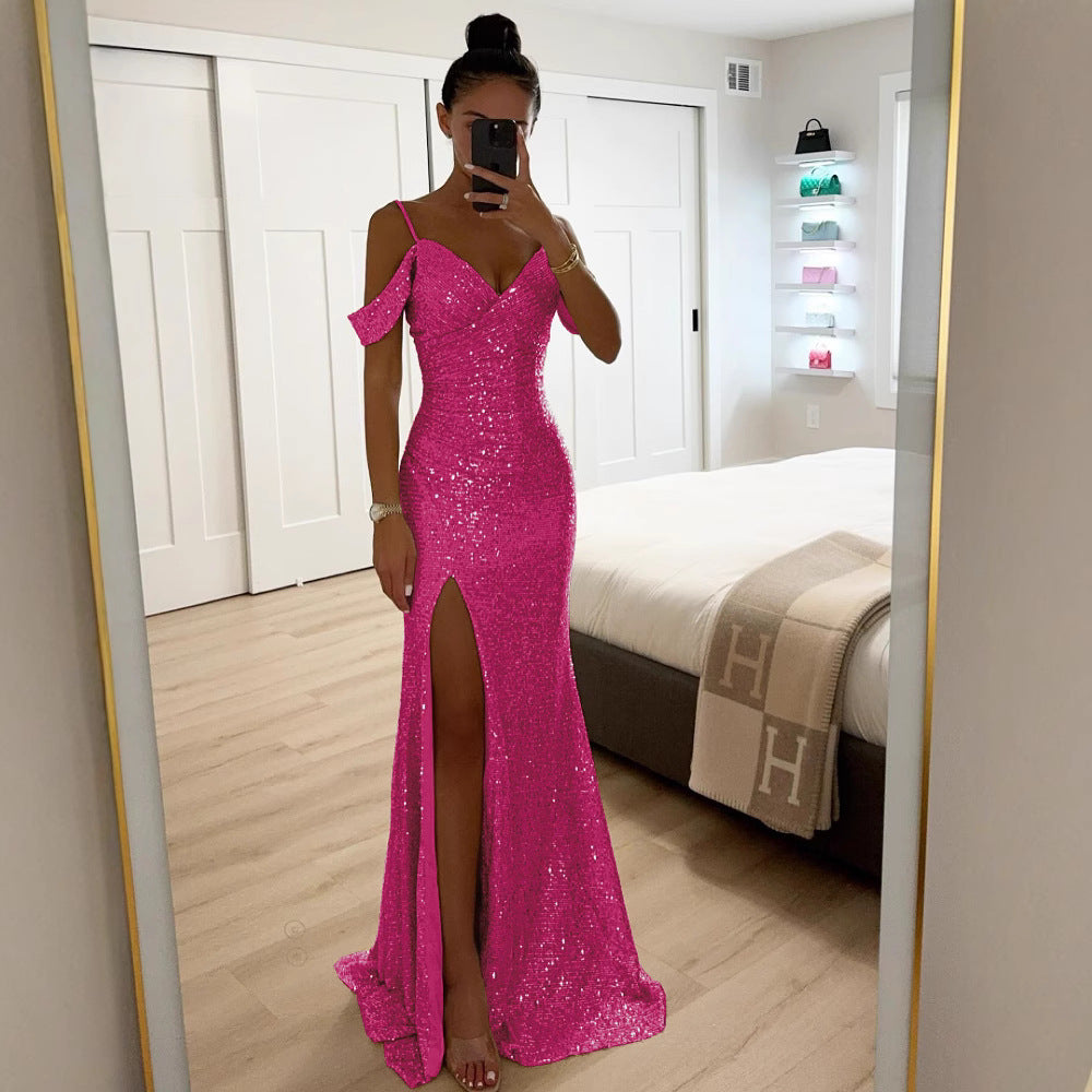 Robe maxi à paillettes avec fente – Élégante robe de soirée d'été