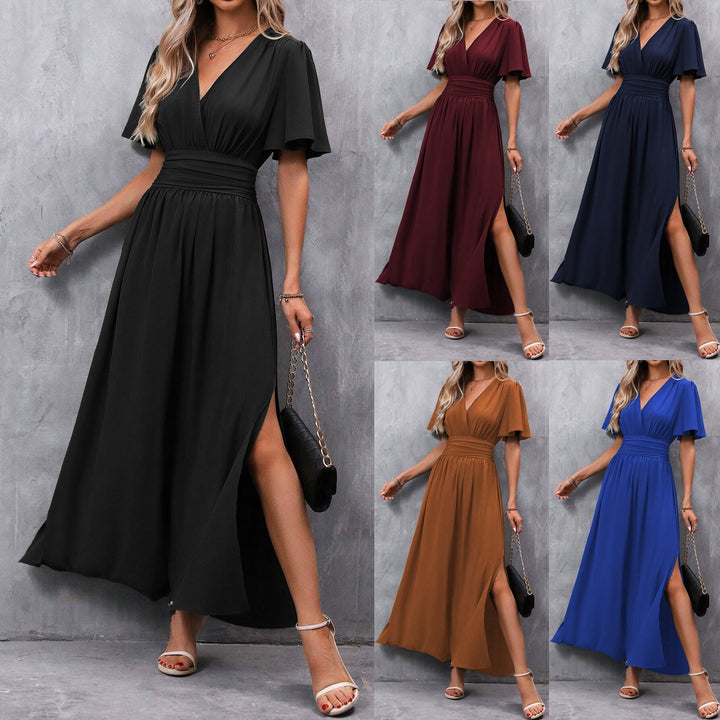 Black Maxi Dress for Women – V-Neck, Slit & Flutter Sleeves