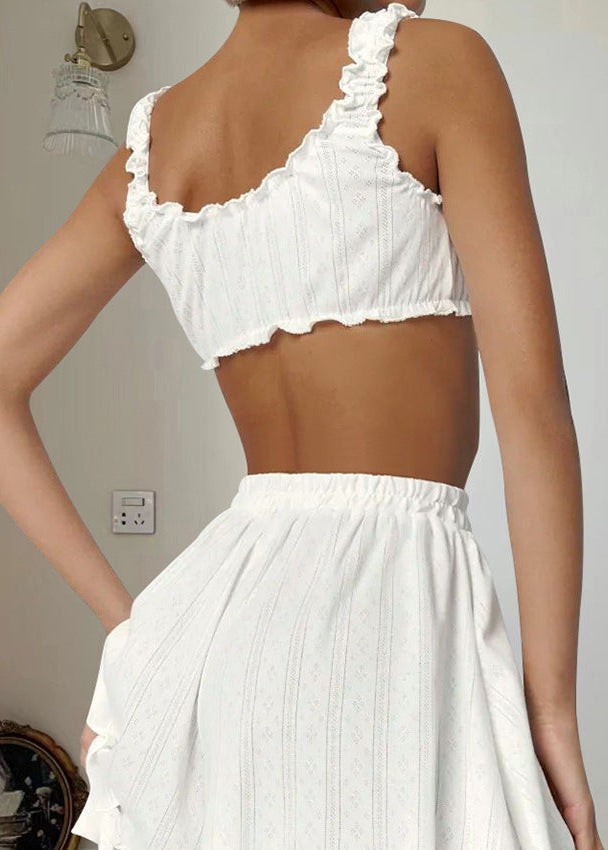 Lounge set made of cotton blend with ruffles for women – top and skirt – relaxed fit