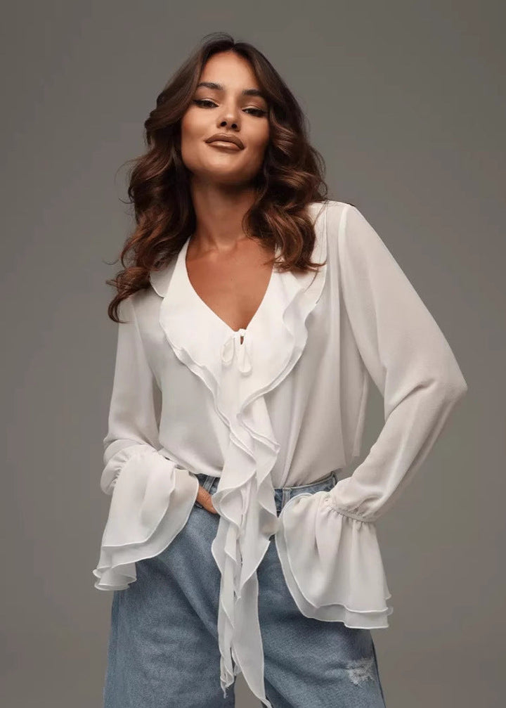 Women's blouse made of chiffon with ruffles and V-neck – elegant and airy