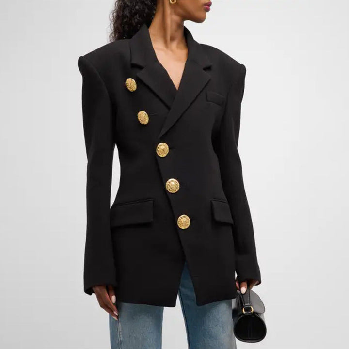 Oversized women's blazer with golden buttons – shoulder-accentuated bouclé look