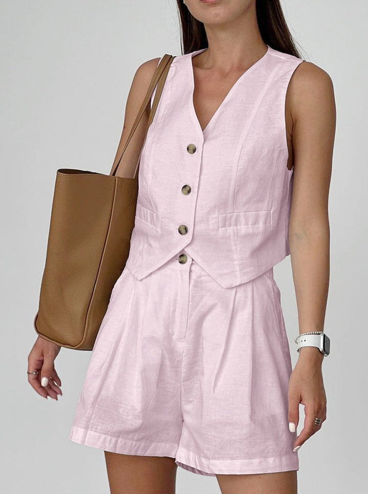 Women's Linen Two-Piece – Blouse with Buttons & Shorts in Relaxed Fit