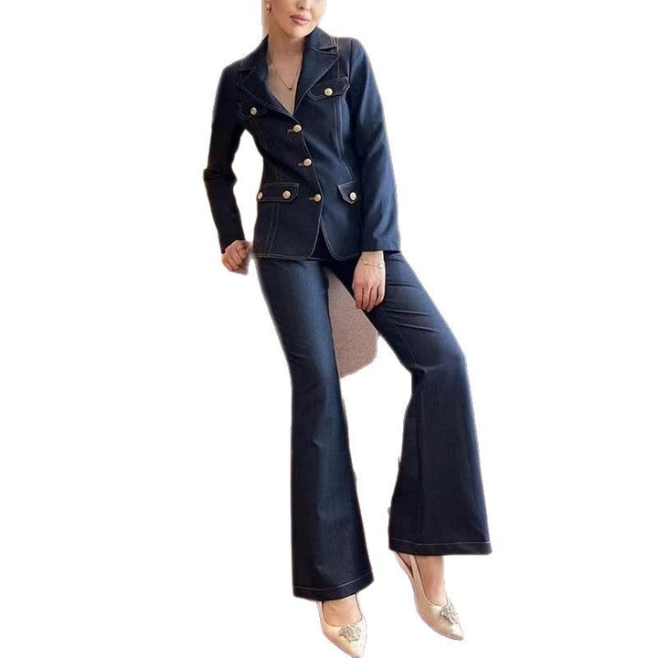 Trendy Denim Blazer Set Women – Cropped Blazer & High-Waist Pants, versatile