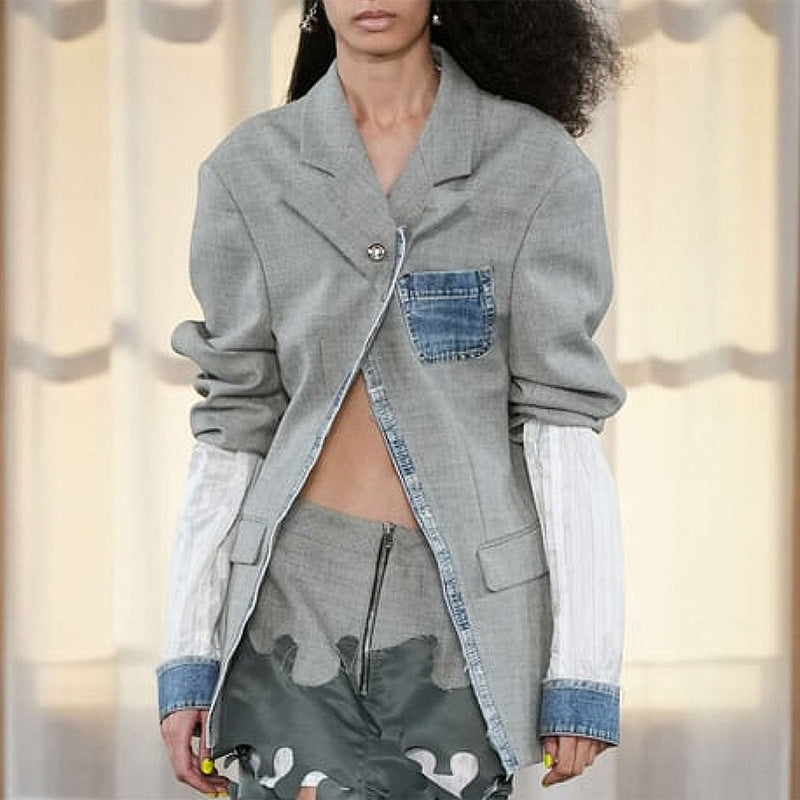 Trendy Oversize Denim Blazer Women – Streetstyle Jacket with Shoulder Pads