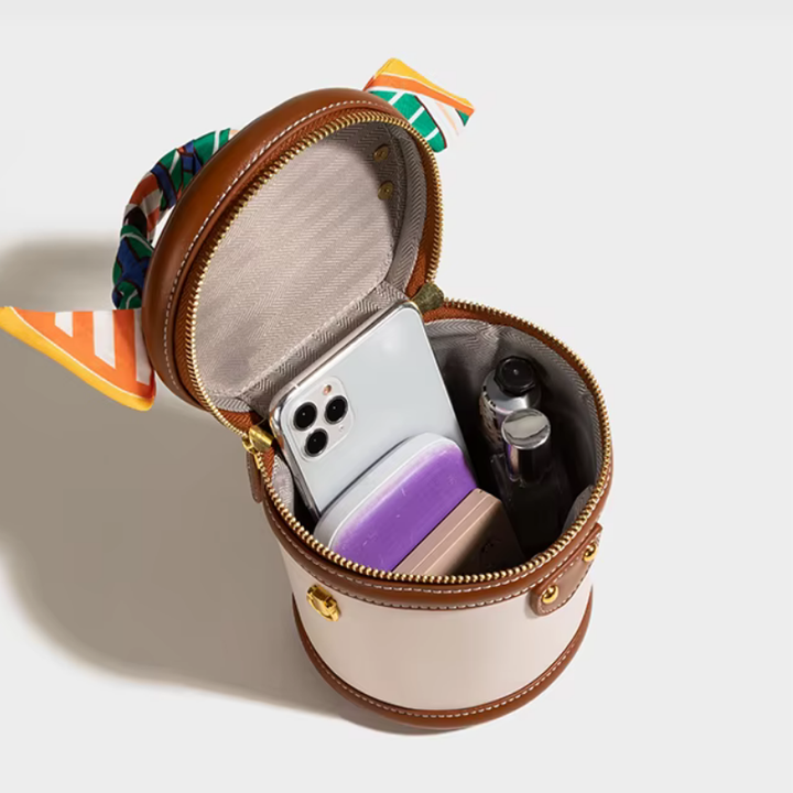 Bucket Bag Women Faux Leather – Cylinder Shape with Scarf Handle