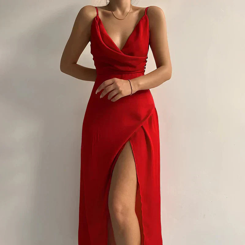 Women's satin dress with slit – Elegant sleeveless evening dress