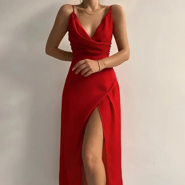 Women's satin dress with slit – Elegant sleeveless evening dress