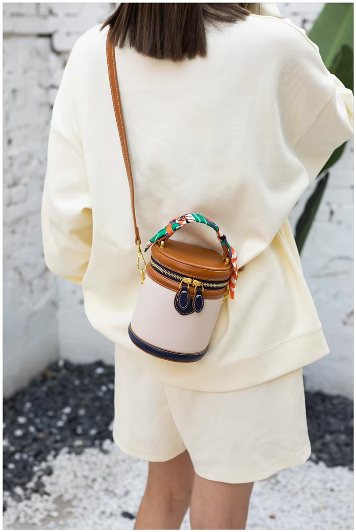 Bucket Bag Women Faux Leather – Cylinder Shape with Scarf Handle